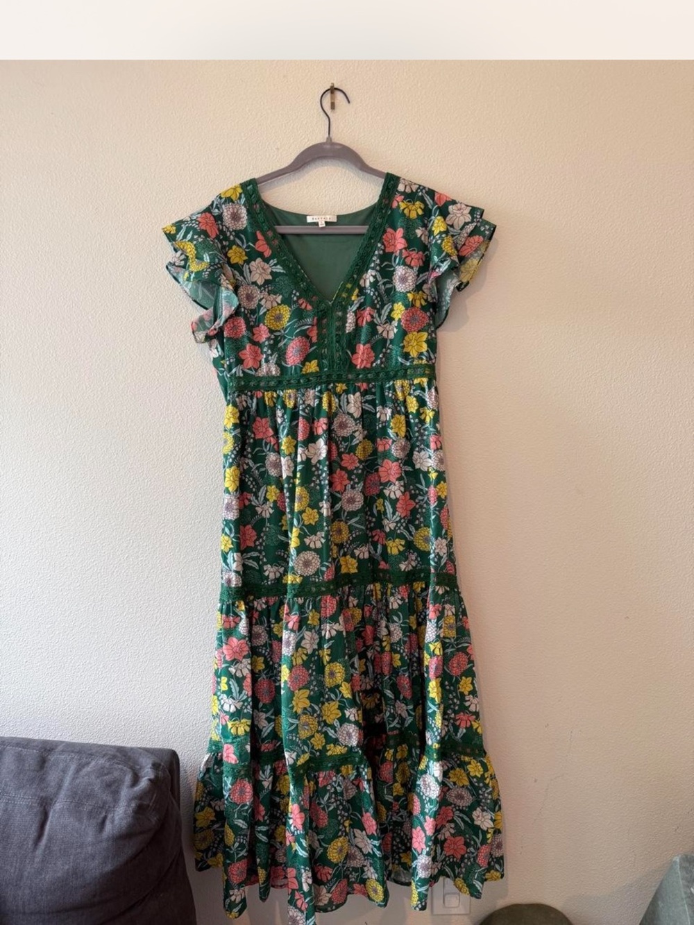 Dark Green Floral Lace-Trim Maxi Dress